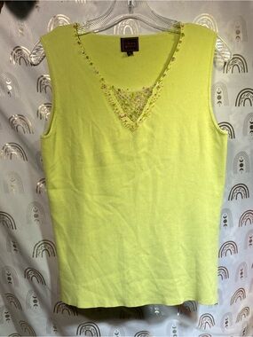 Coldwater Creek Lime Beaded V-Neck Sleeveless Tank Top